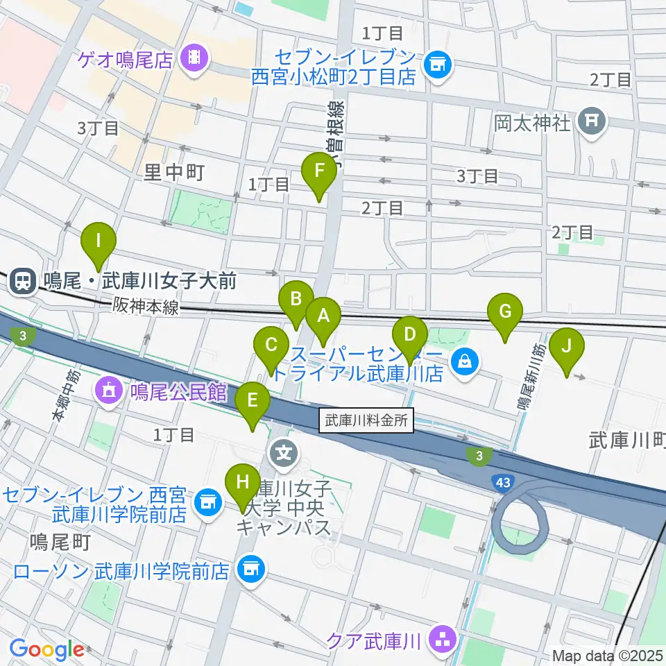 森岡楽器 西宮本店周辺のカフェ一覧地図