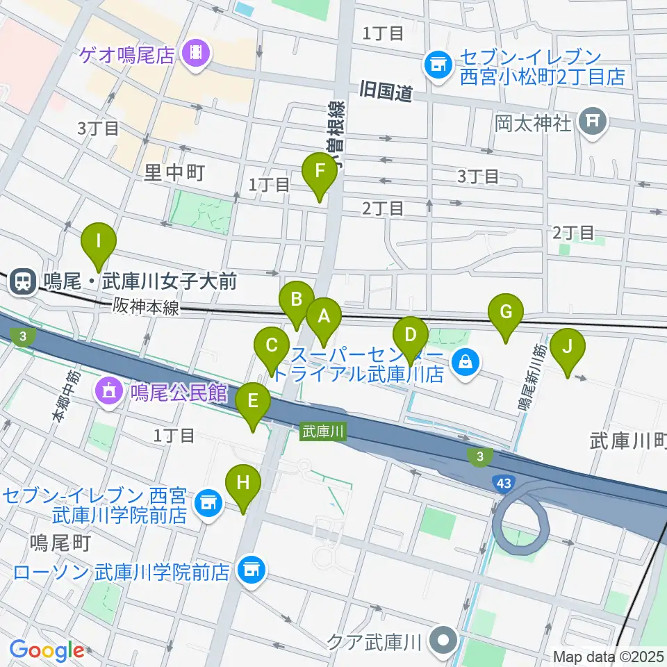 森岡楽器 西宮本店周辺のカフェ一覧地図