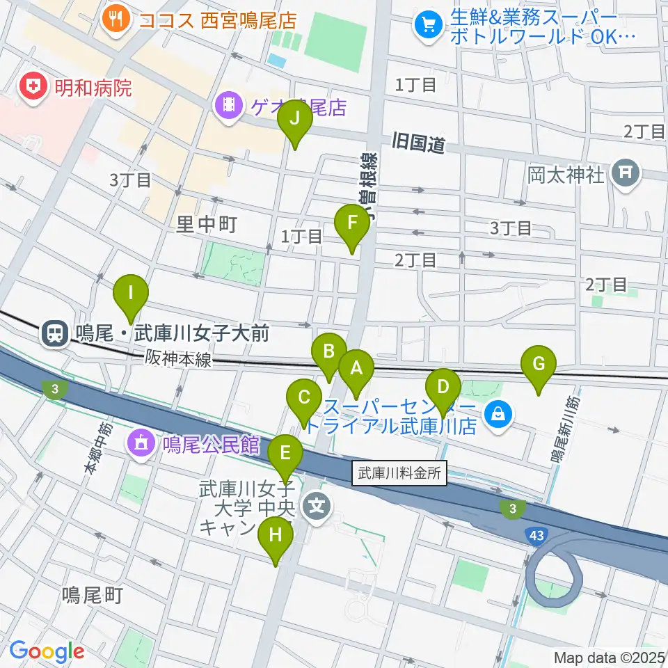 森岡楽器 西宮本店周辺のカフェ一覧地図