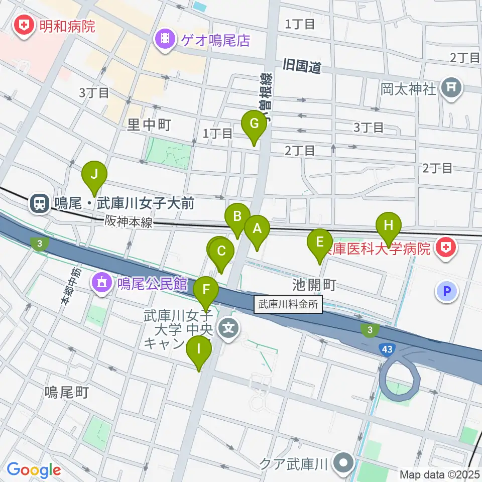 森岡楽器 西宮本店周辺のカフェ一覧地図