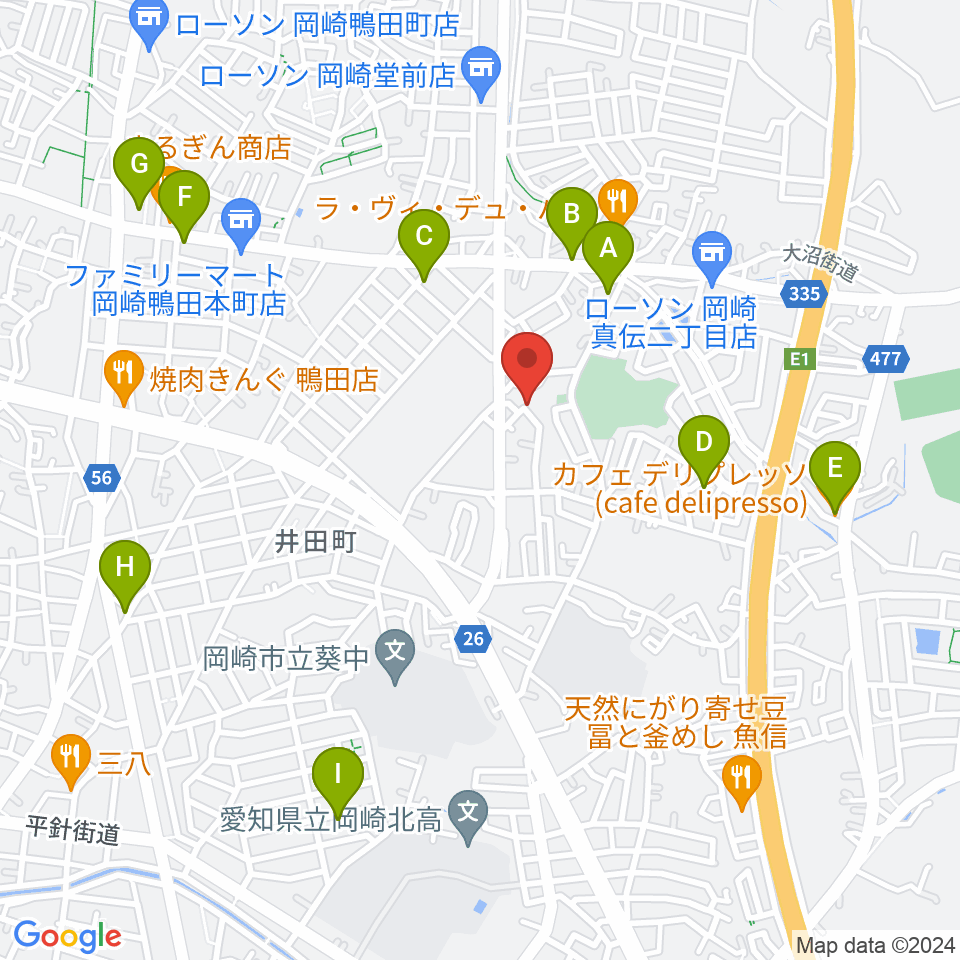 ヴィルトゥオーゾ岡崎店周辺のカフェ一覧地図