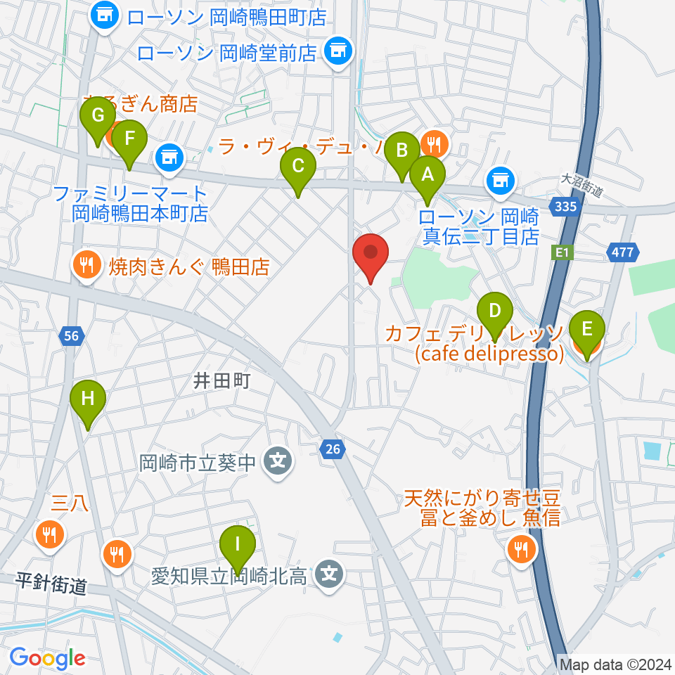 ヴィルトゥオーゾ岡崎店周辺のカフェ一覧地図