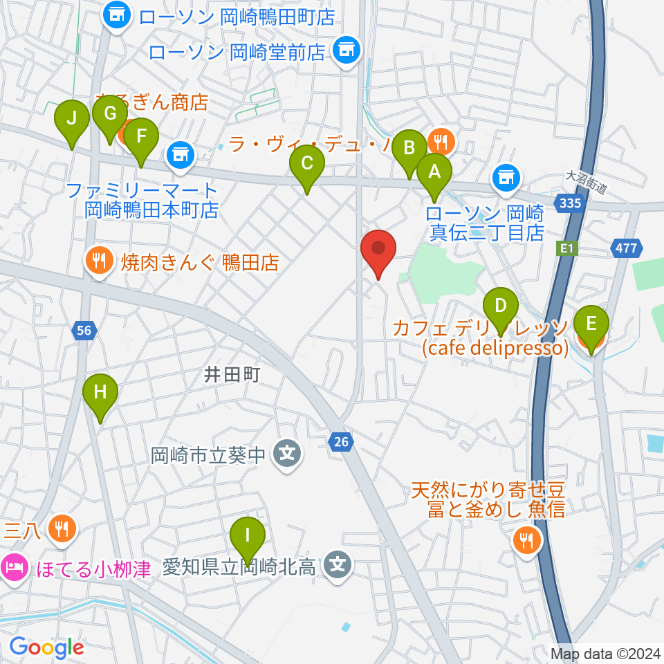 ヴィルトゥオーゾ岡崎店周辺のカフェ一覧地図