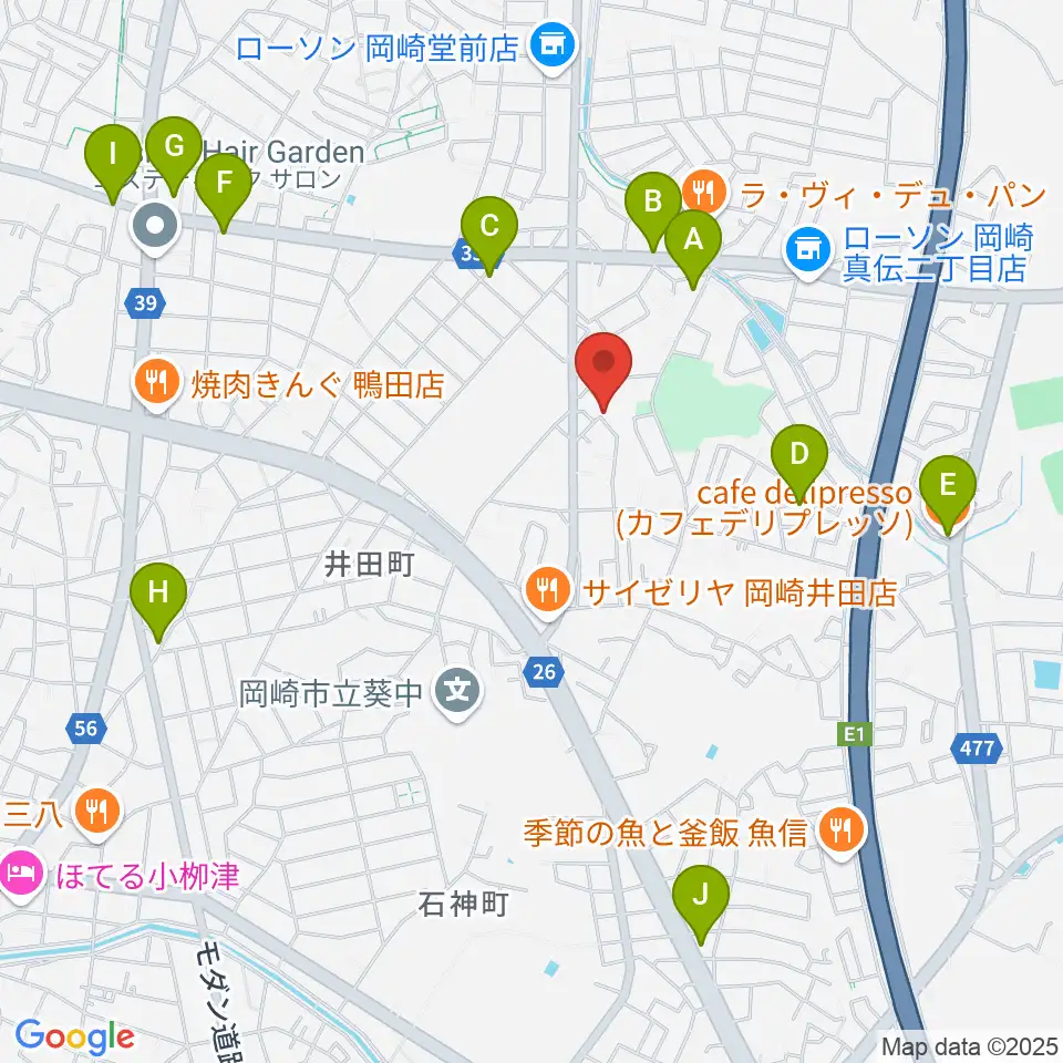 ヴィルトゥオーゾ岡崎店周辺のカフェ一覧地図