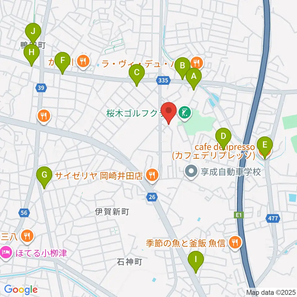 ヴィルトゥオーゾ岡崎店周辺のカフェ一覧地図