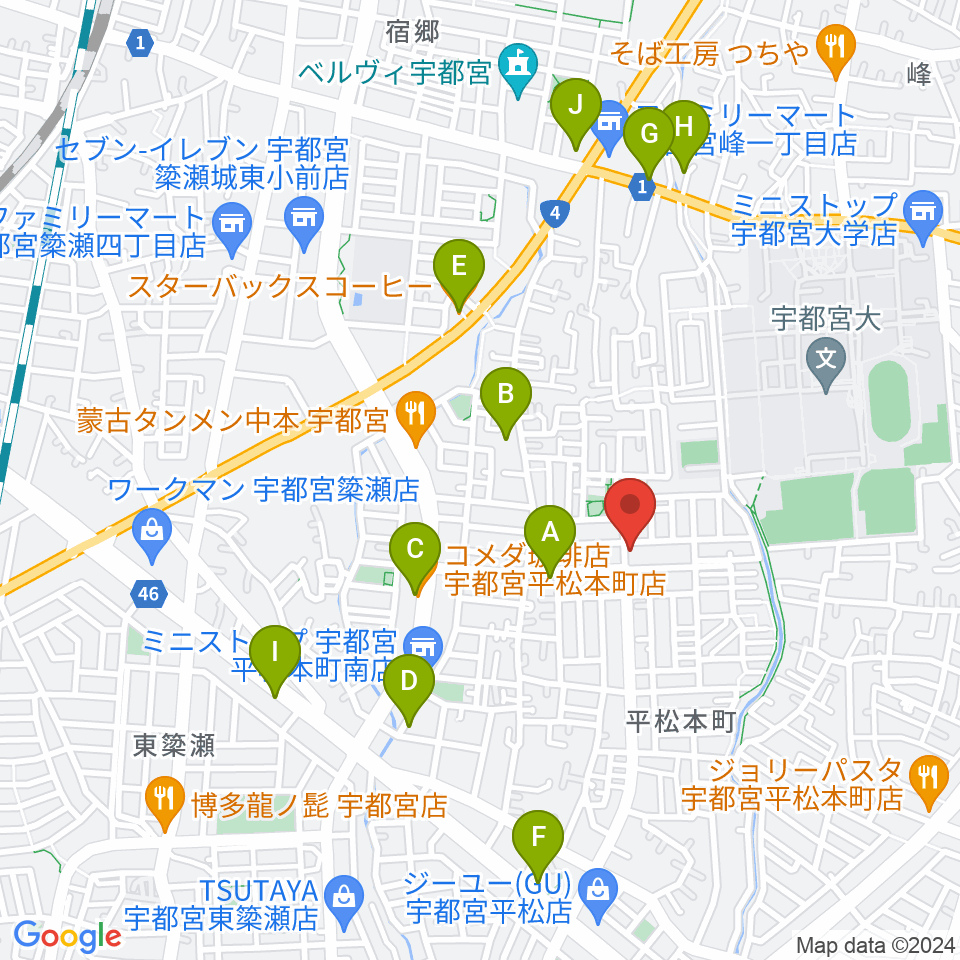 宇都宮JIVE Studio周辺のカフェ一覧地図