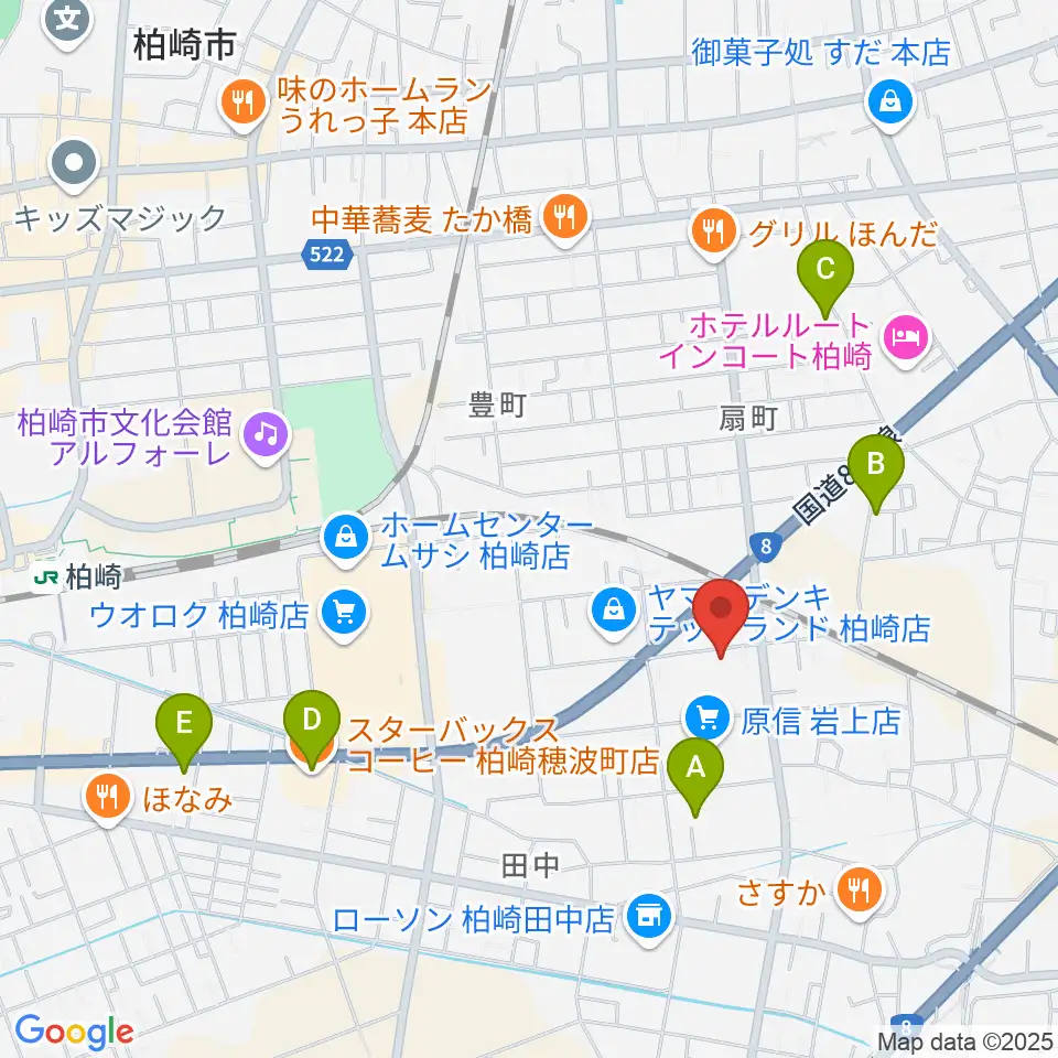 わたじん楽器 柏崎本店ララフィ周辺のカフェ一覧地図