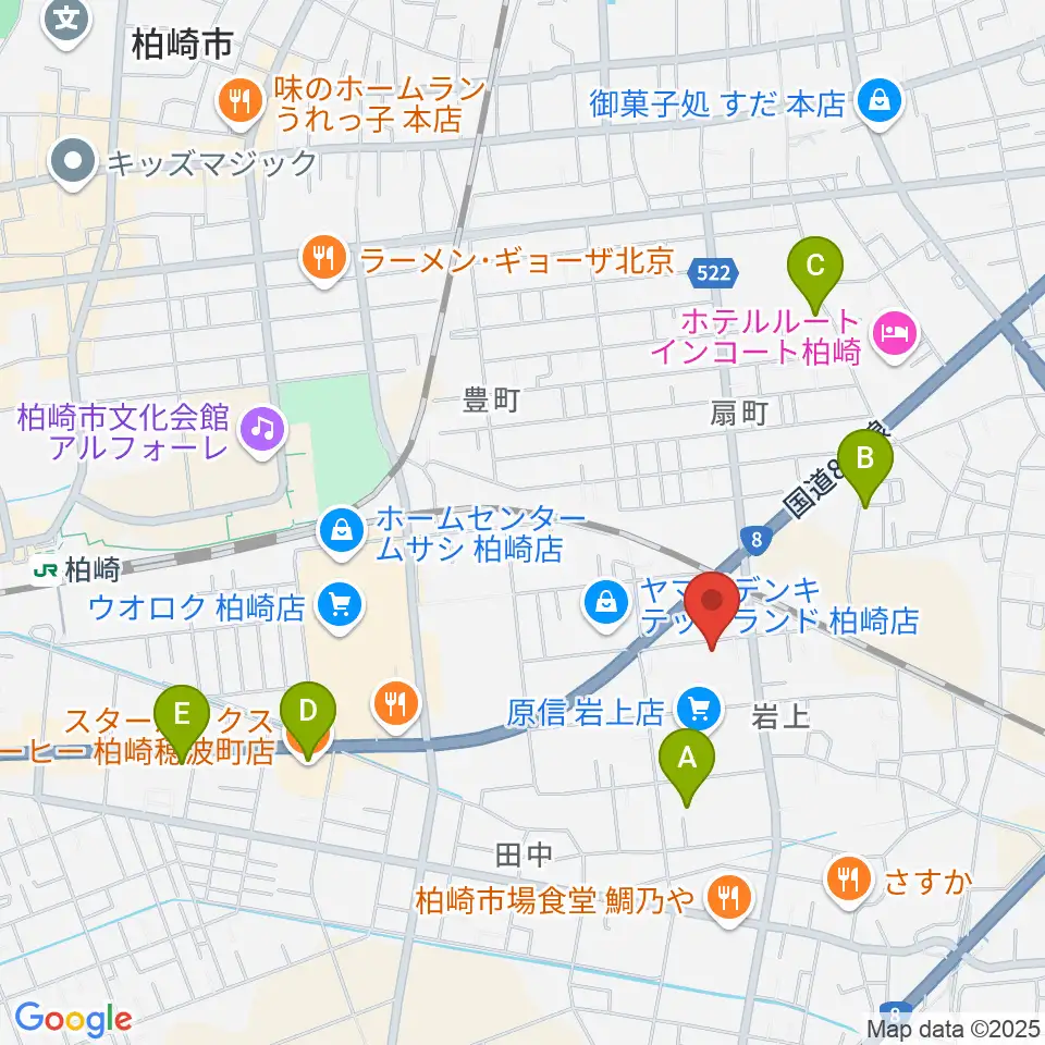 わたじん楽器 柏崎本店ララフィ周辺のカフェ一覧地図