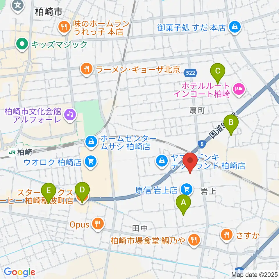 わたじん楽器 柏崎本店ララフィ周辺のカフェ一覧地図