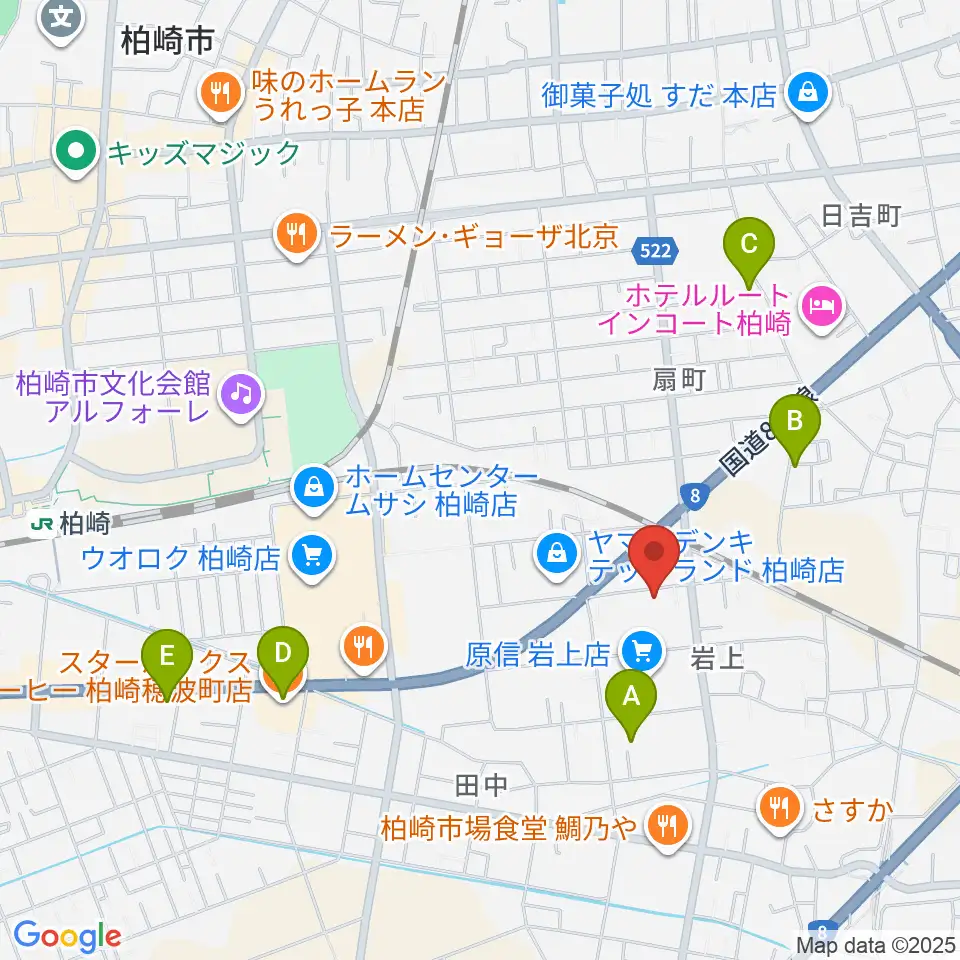 わたじん楽器 柏崎本店ララフィ周辺のカフェ一覧地図