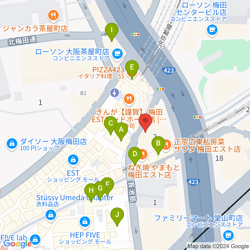 ドルチェ楽器大阪店周辺のカフェ一覧地図