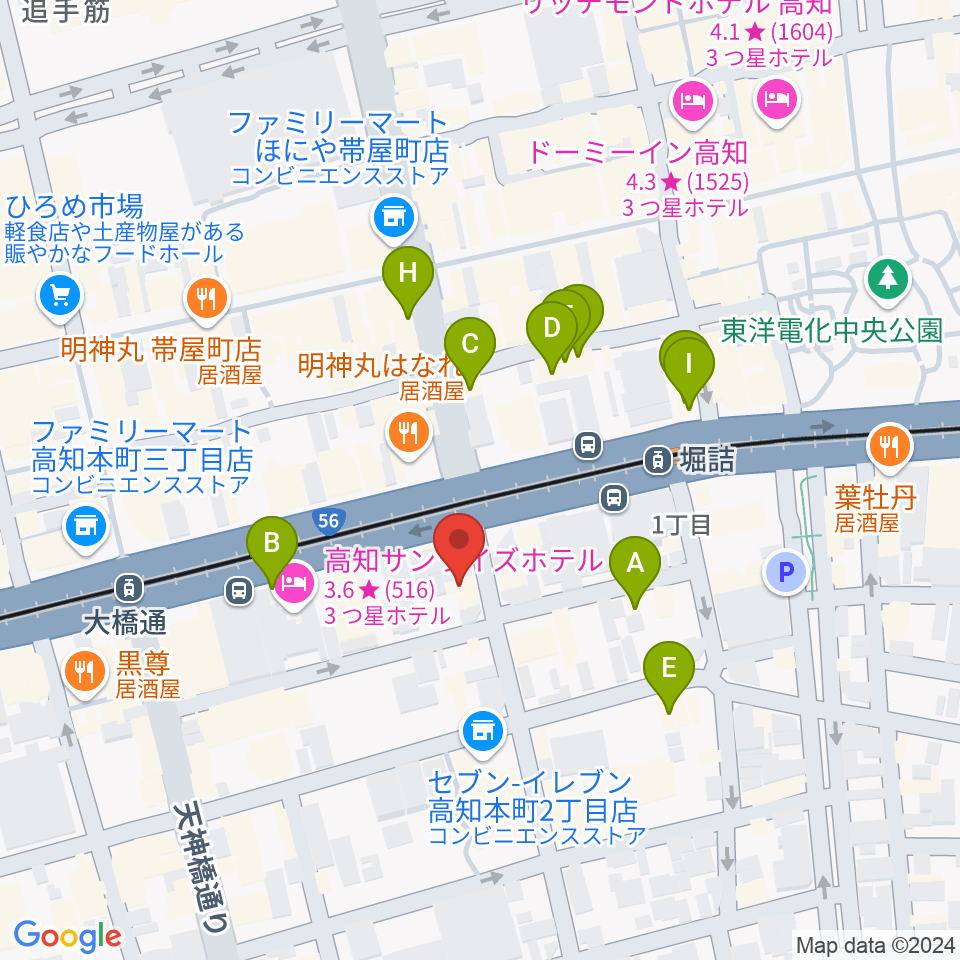 高知楽器周辺のカフェ一覧地図