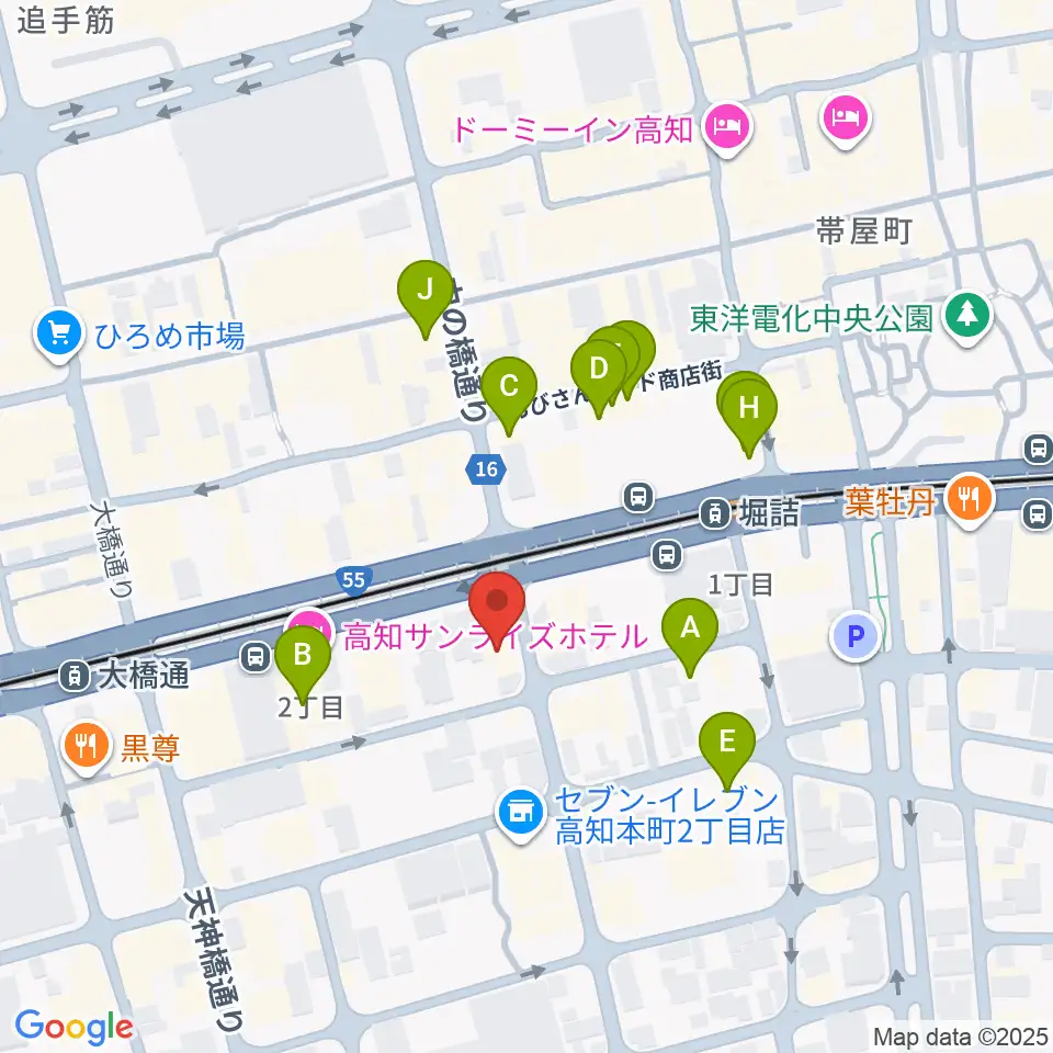 高知楽器周辺のカフェ一覧地図