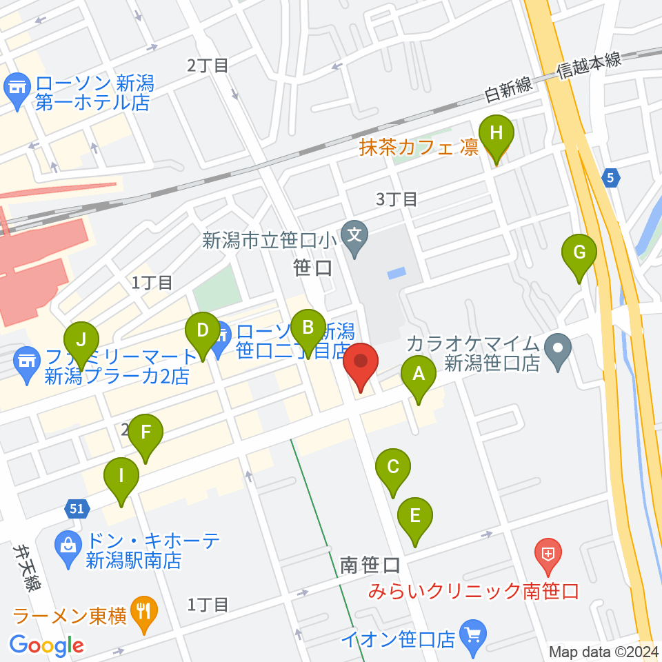新潟中古楽器センター 新潟ショールーム周辺のカフェ一覧地図