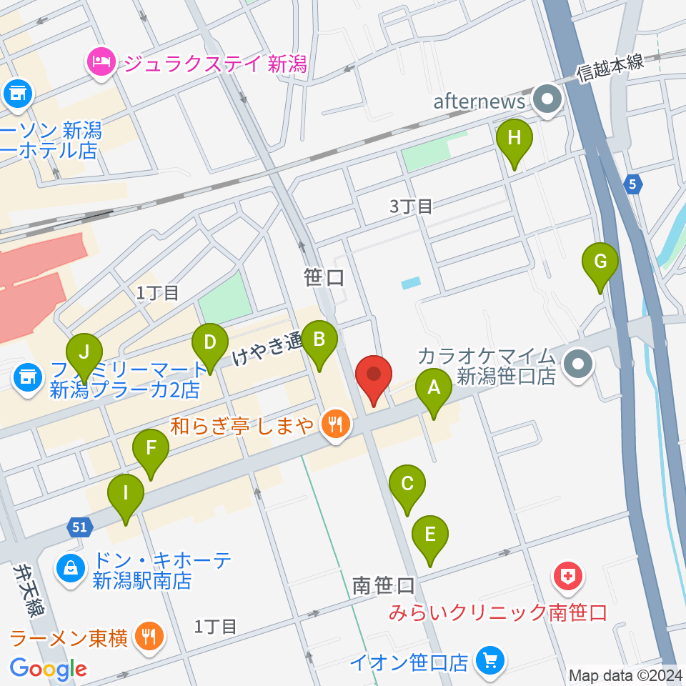 新潟中古楽器センター 新潟ショールーム周辺のカフェ一覧地図