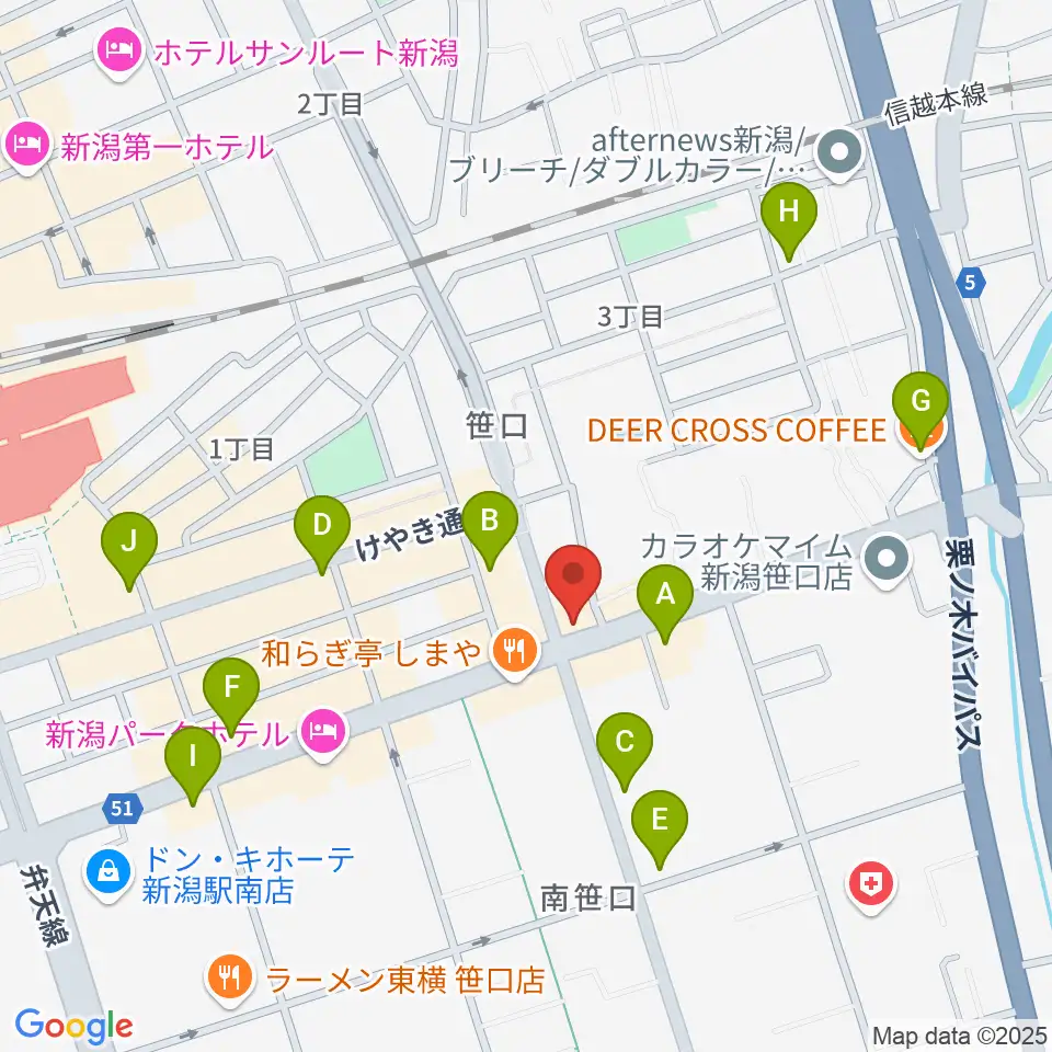 新潟中古楽器センター 新潟ショールーム周辺のカフェ一覧地図