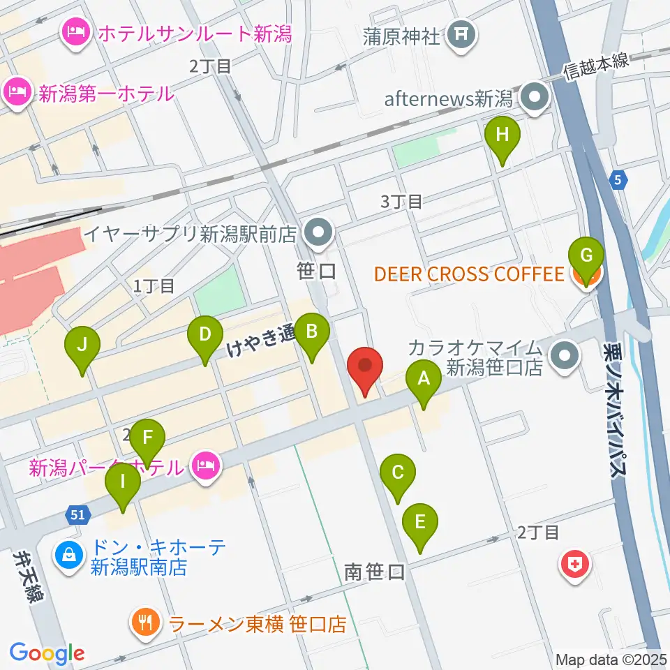 新潟中古楽器センター 新潟ショールーム周辺のカフェ一覧地図