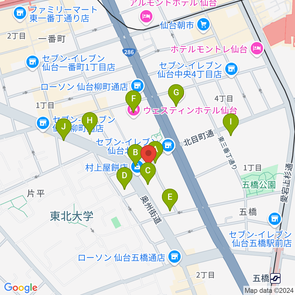 ピアノテック仙台周辺のカフェ一覧地図