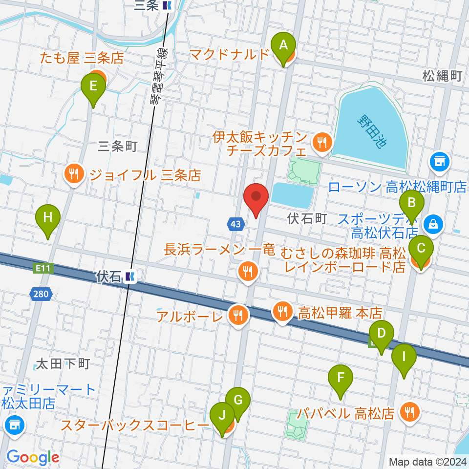 ピアノギャラリーたかまつ楽器周辺のカフェ一覧地図