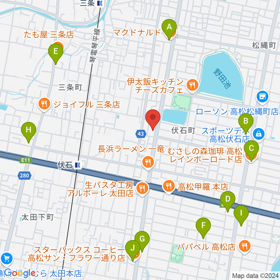 ピアノギャラリーたかまつ楽器周辺のカフェ一覧地図