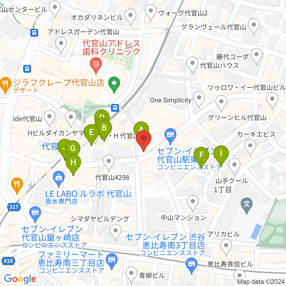 ミュージックプラザ 代官山本店周辺のカフェ一覧地図