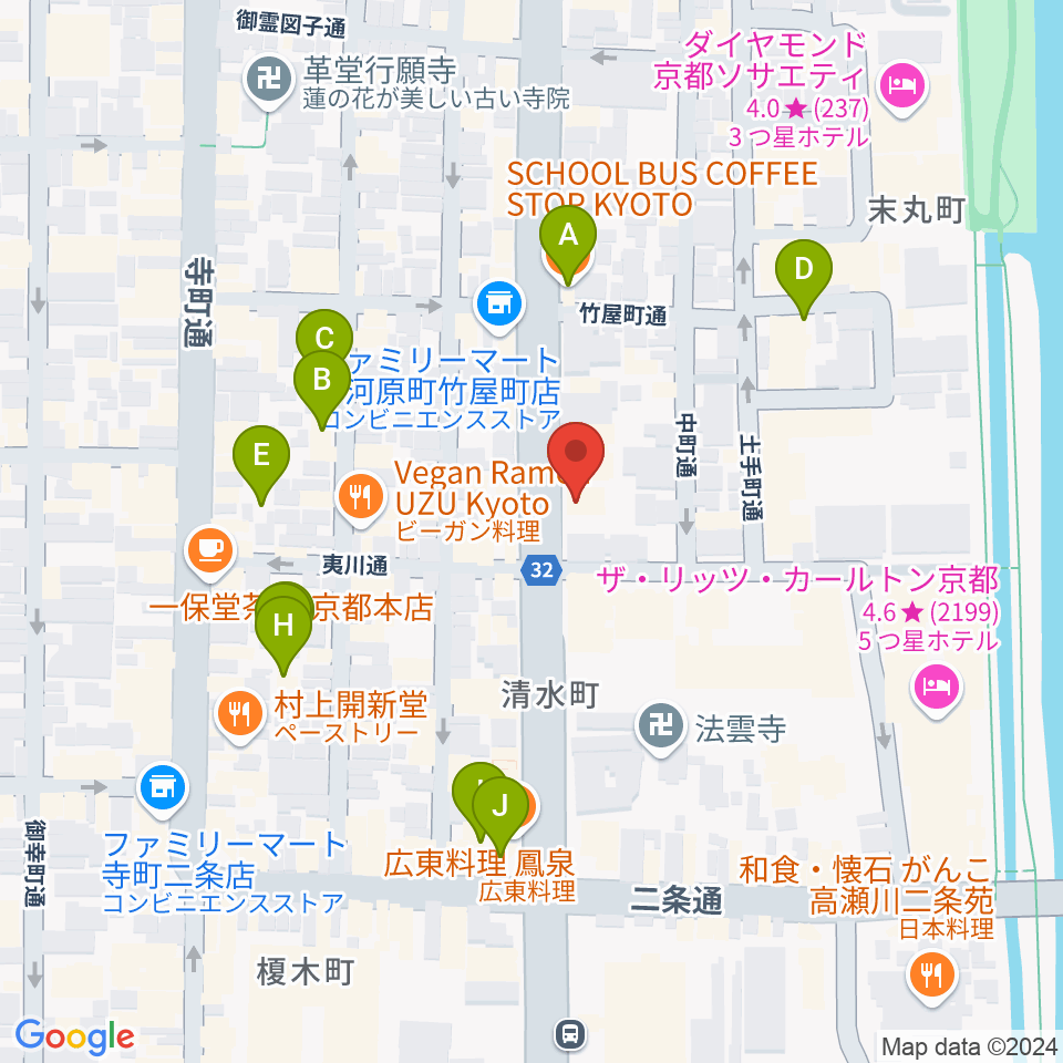 ワタナベ楽器店 京都本店周辺のカフェ一覧地図