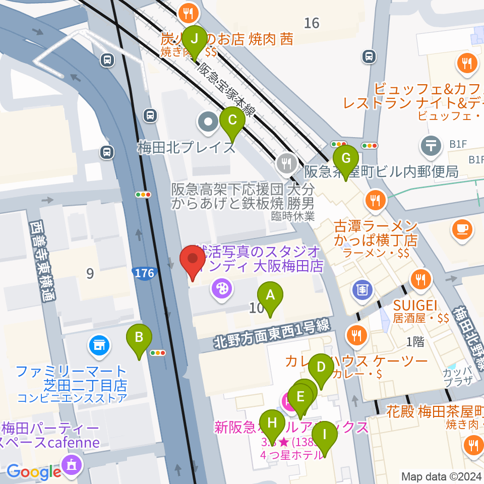 ワタナベ楽器店 大阪店周辺のカフェ一覧地図