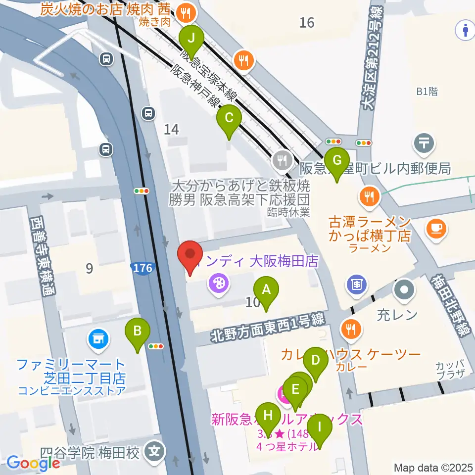 ワタナベ楽器店 大阪店周辺のカフェ一覧地図