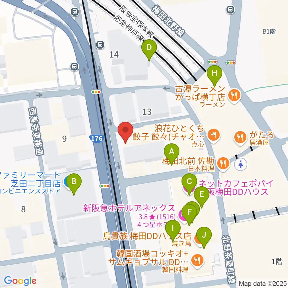 ワタナベ楽器店 大阪店周辺のカフェ一覧地図