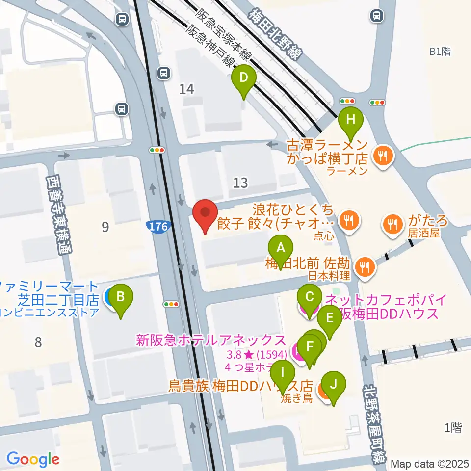 ワタナベ楽器店 大阪店周辺のカフェ一覧地図