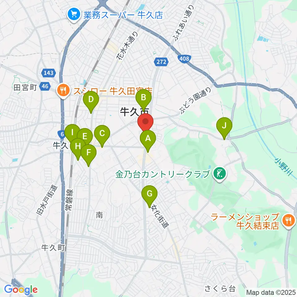 ウインズ・ユー牛久本店周辺のカフェ一覧地図
