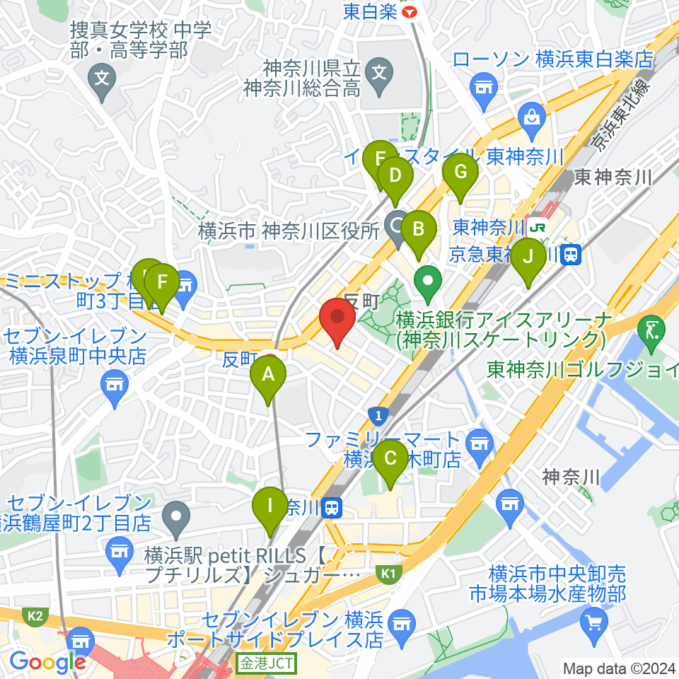 横浜日本屋楽器周辺のカフェ一覧地図