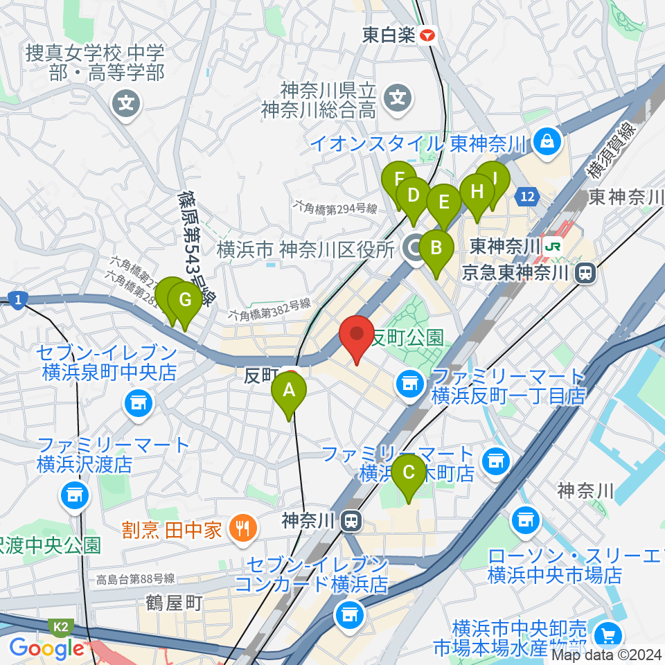 横浜日本屋楽器周辺のカフェ一覧地図