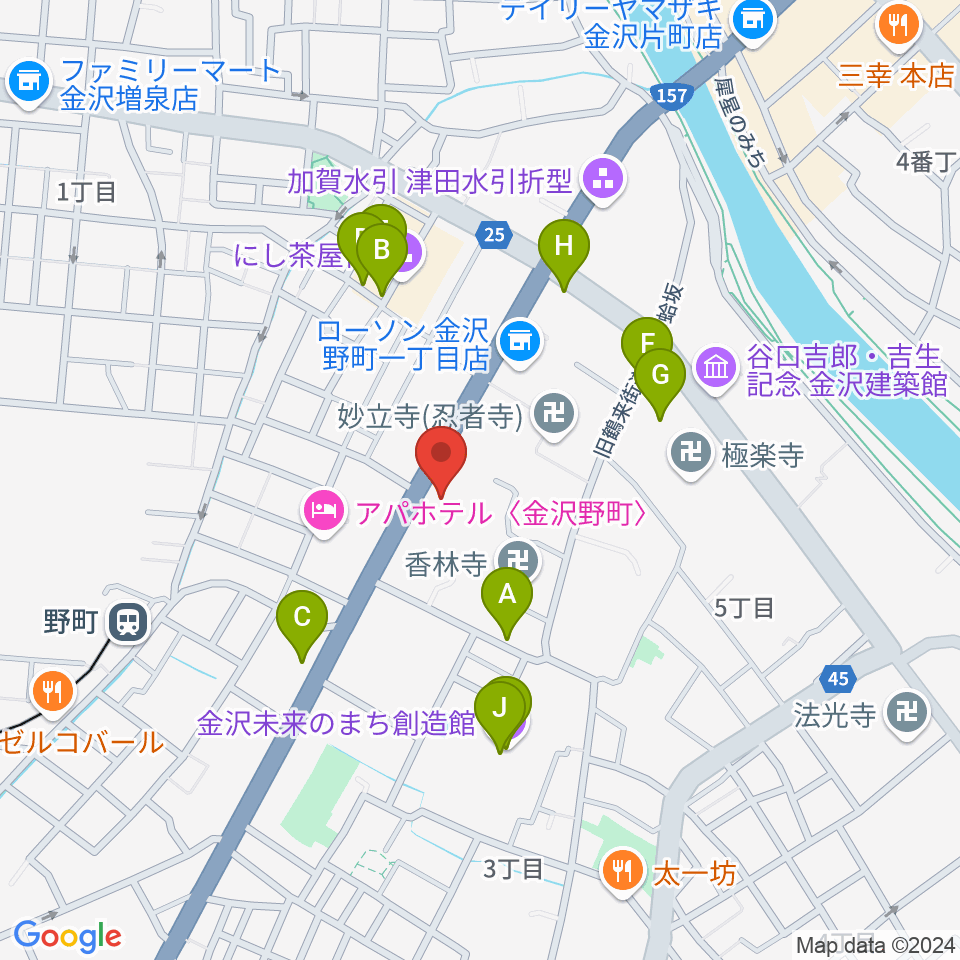 金沢楽器周辺のカフェ一覧地図