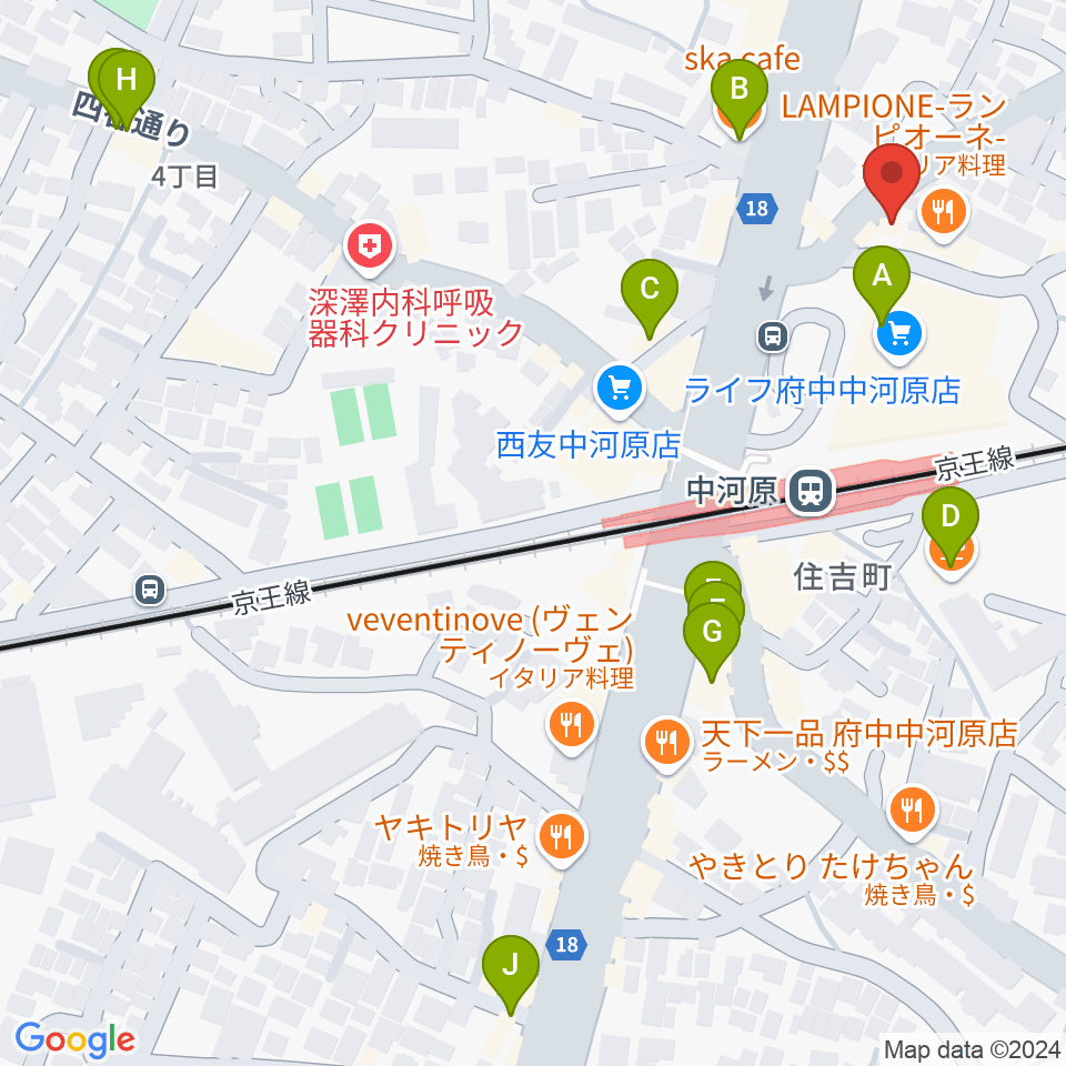 宮地楽器 中河原センター練習室周辺のカフェ一覧地図