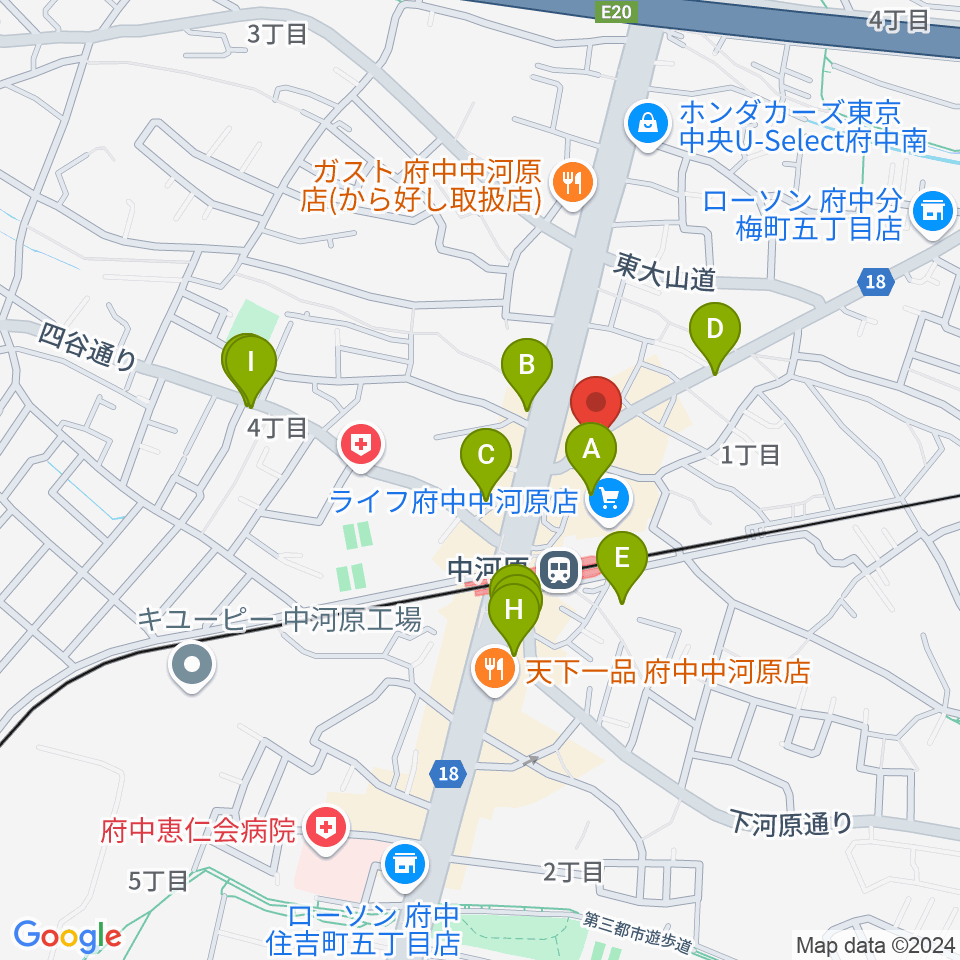 宮地楽器 中河原センター練習室周辺のカフェ一覧地図