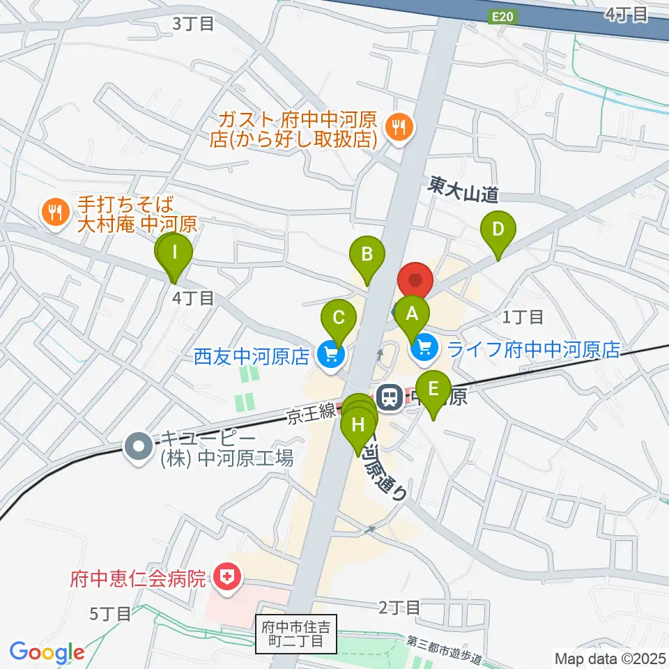 宮地楽器 中河原センター練習室周辺のカフェ一覧地図