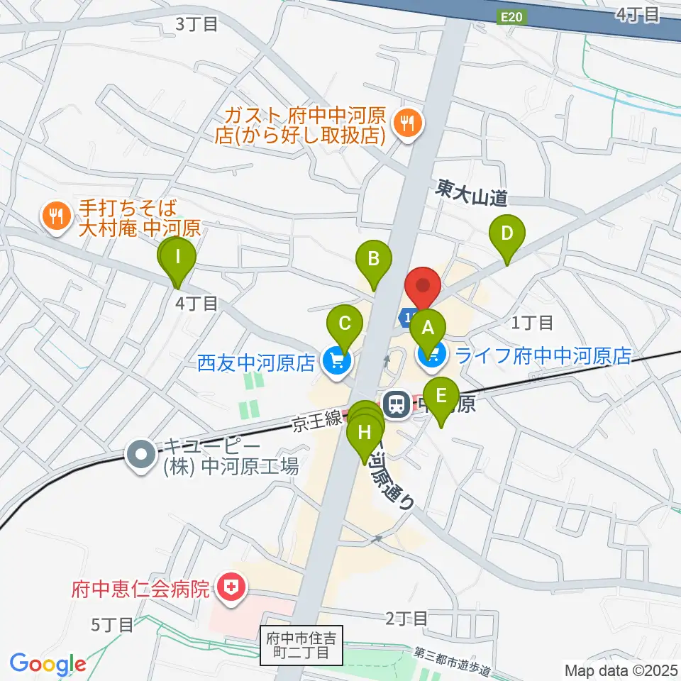 宮地楽器 中河原センター練習室周辺のカフェ一覧地図
