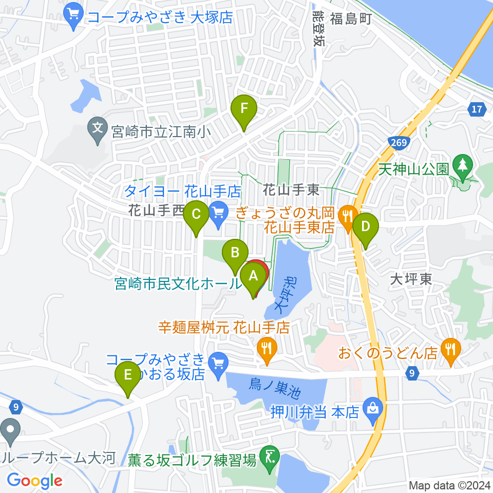 宮崎市民文化ホール周辺のカフェ一覧地図