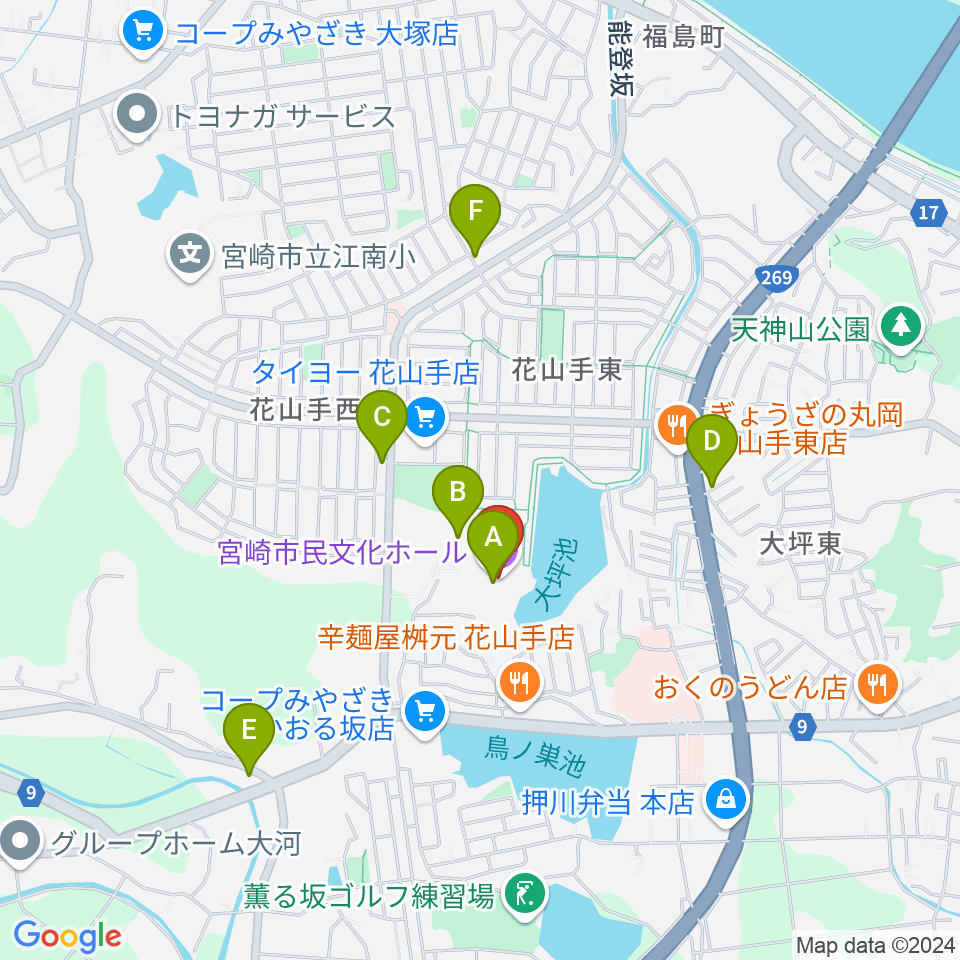 宮崎市民文化ホール周辺のカフェ一覧地図