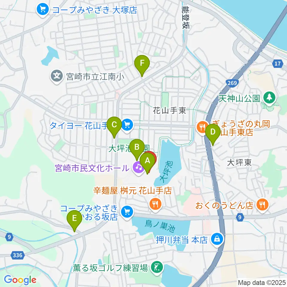 宮崎市民文化ホール周辺のカフェ一覧地図