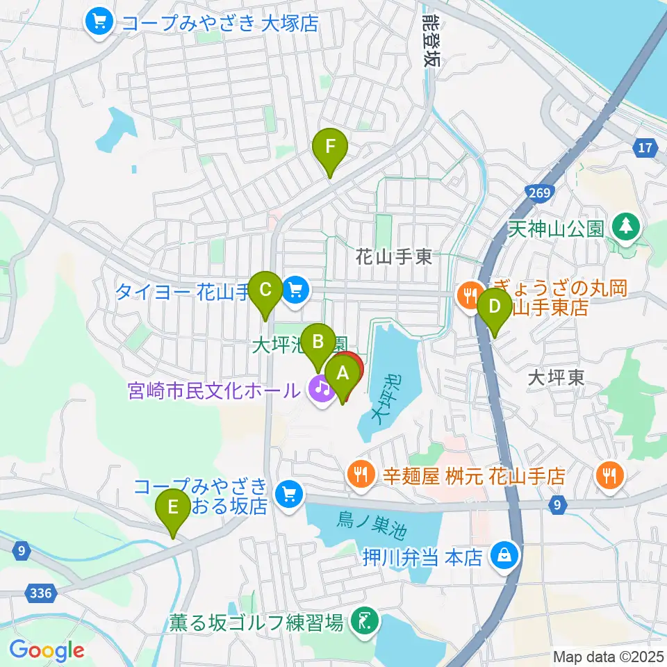 宮崎市民文化ホール周辺のカフェ一覧地図