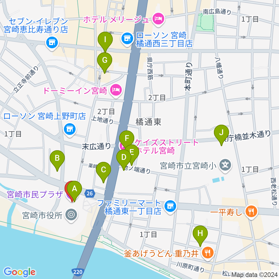 宮崎市民プラザ周辺のカフェ一覧地図