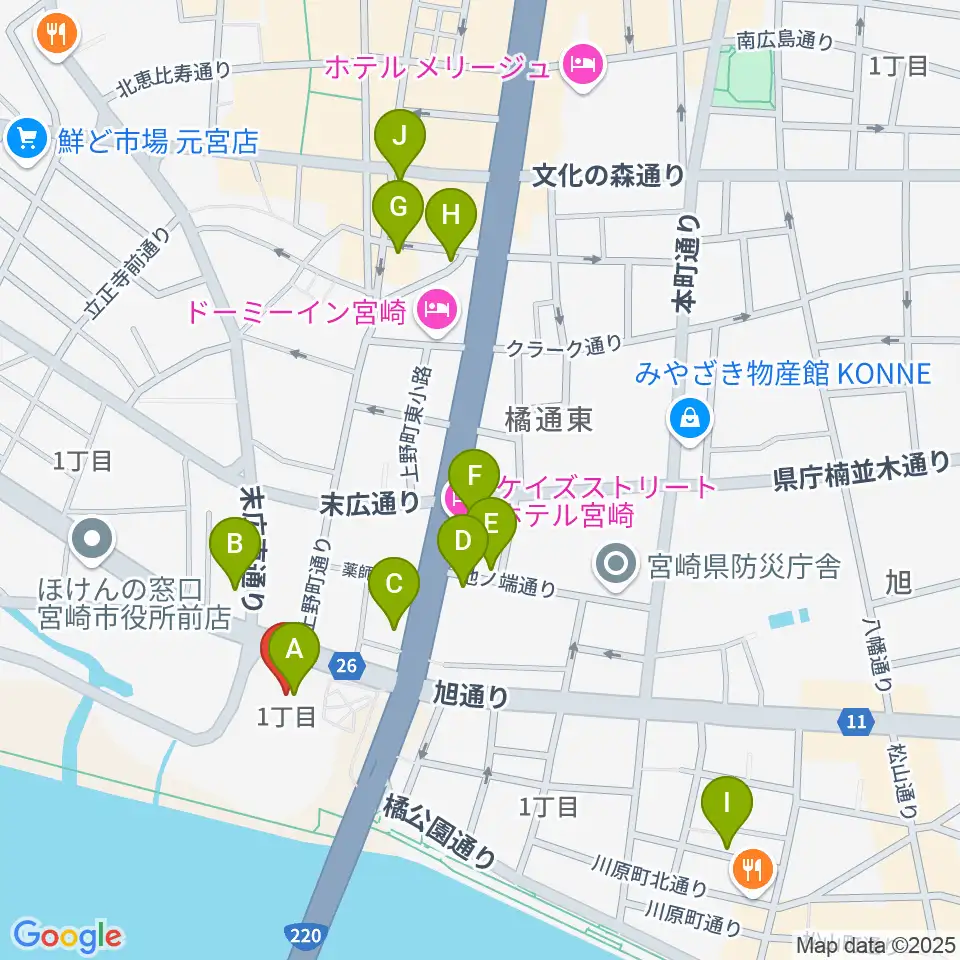 宮崎市民プラザ周辺のカフェ一覧地図
