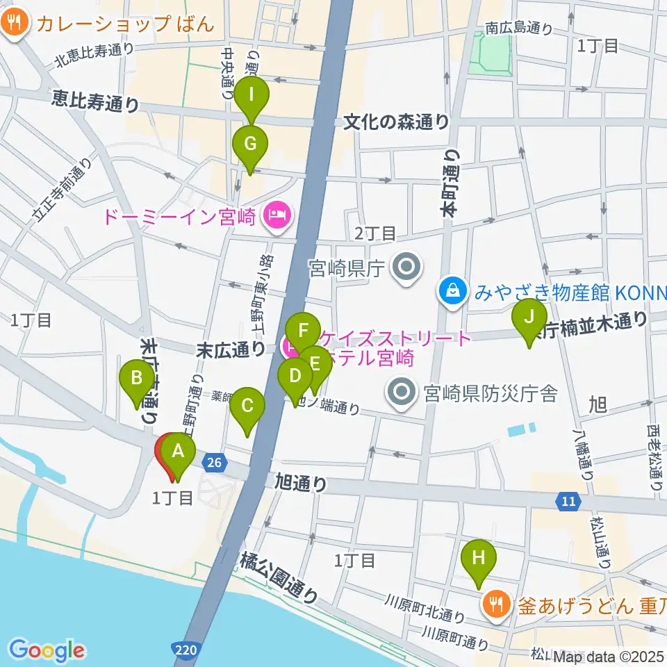宮崎市民プラザ周辺のカフェ一覧地図