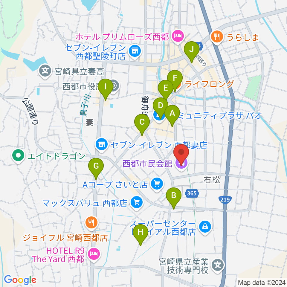 西都市民会館周辺のカフェ一覧地図