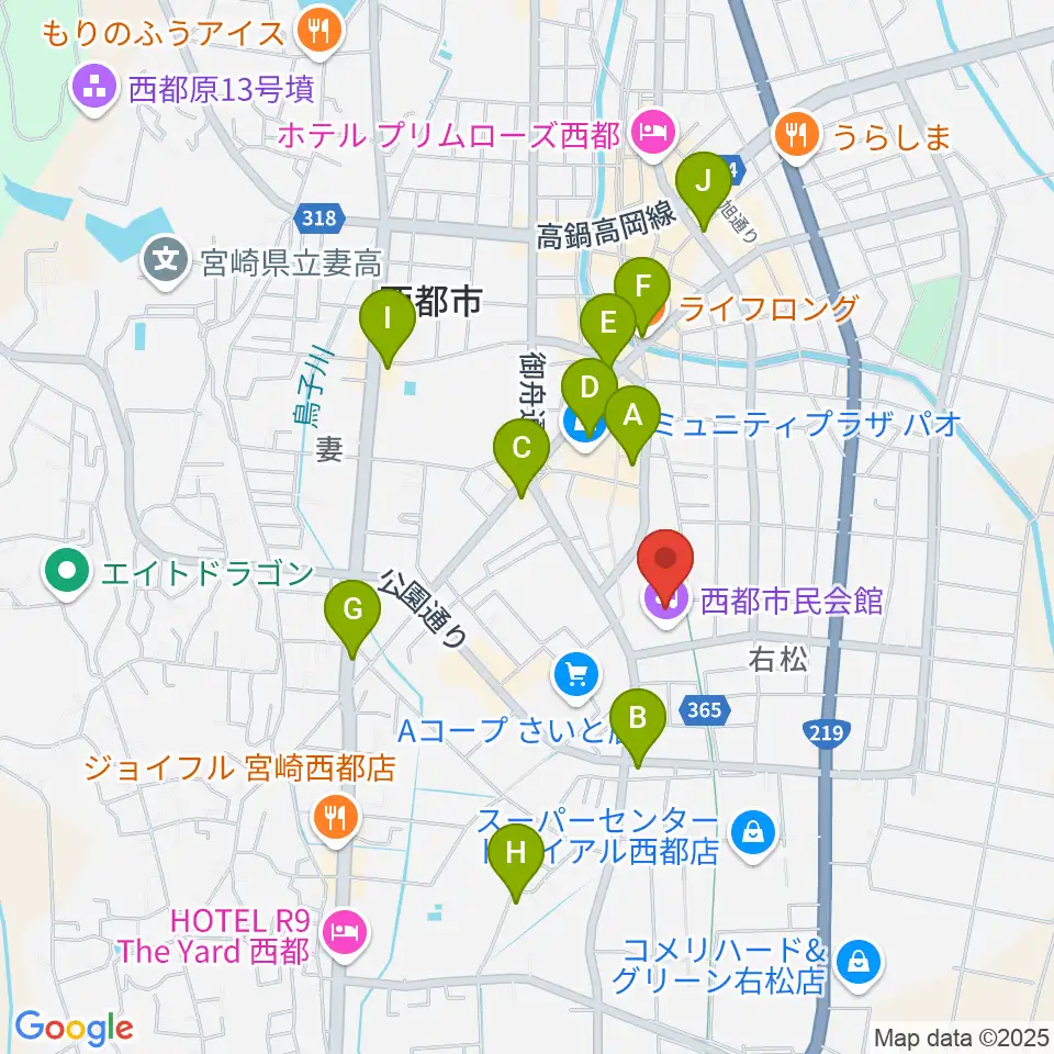 西都市民会館周辺のカフェ一覧地図
