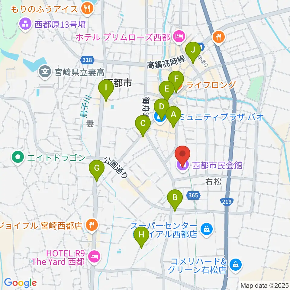 西都市民会館周辺のカフェ一覧地図