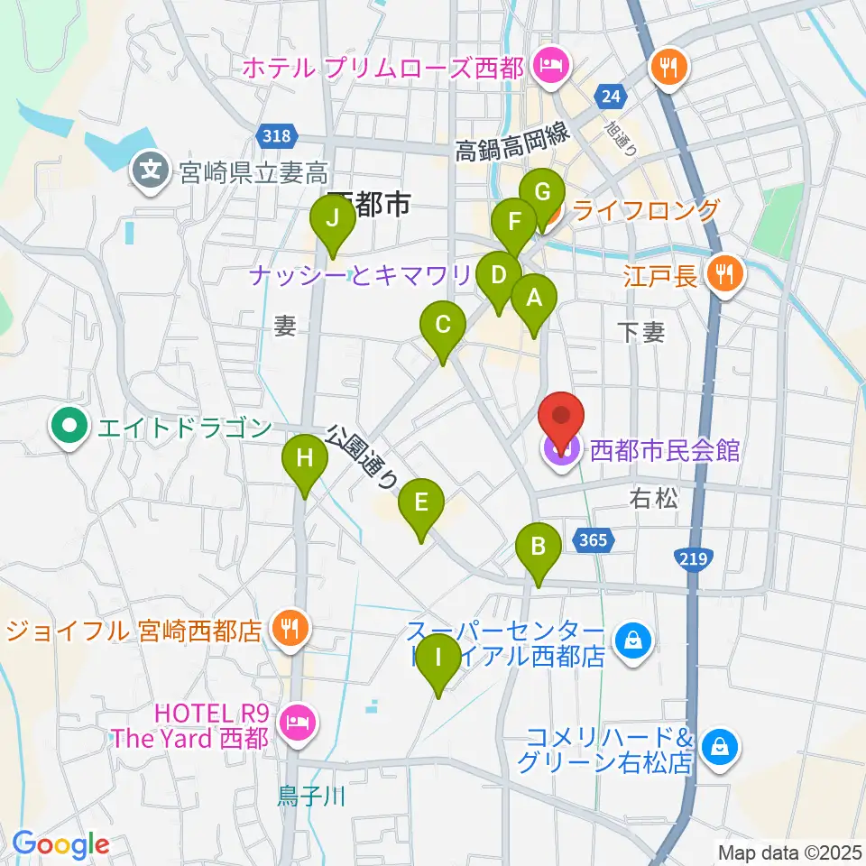 西都市民会館周辺のカフェ一覧地図