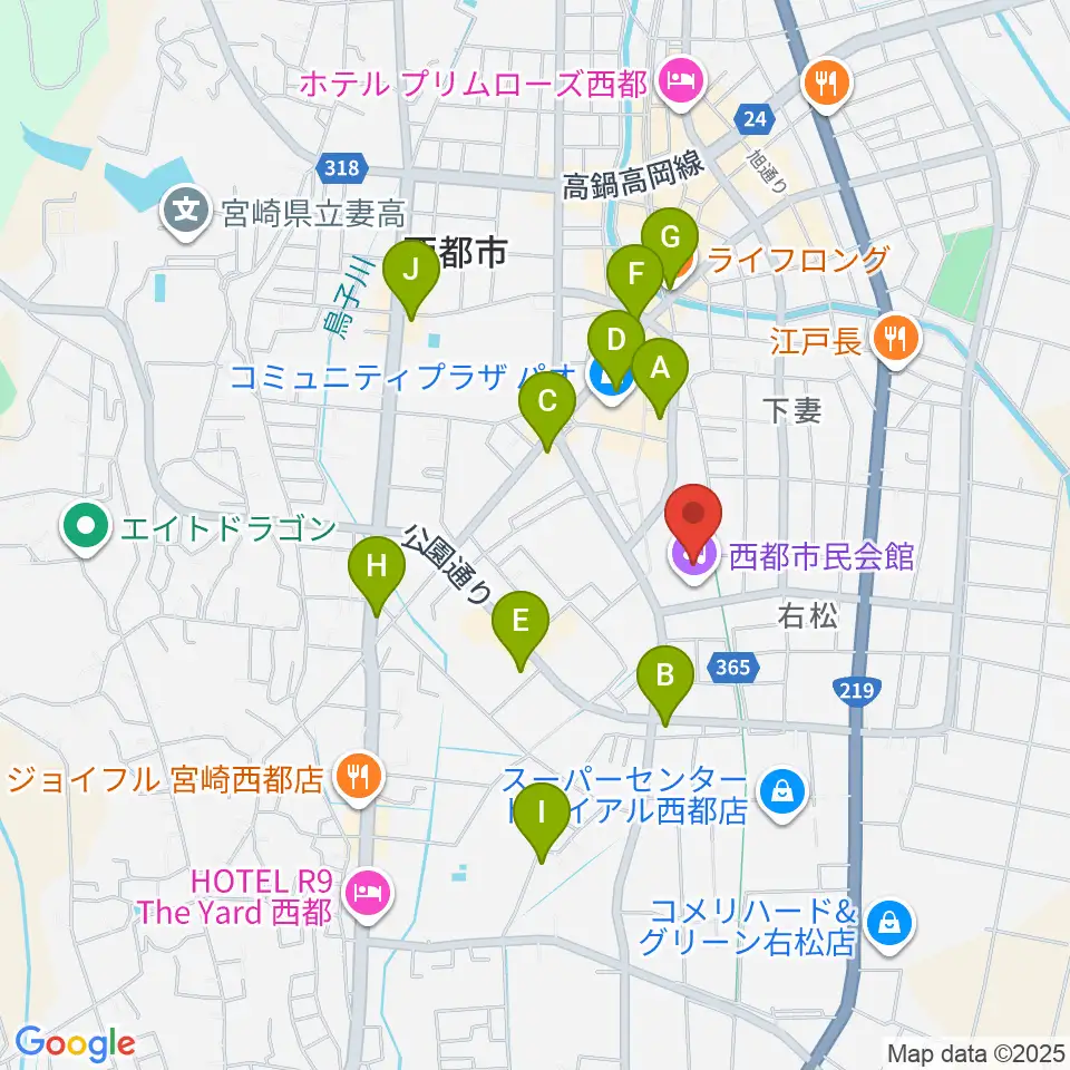 西都市民会館周辺のカフェ一覧地図